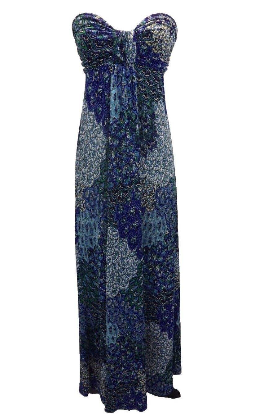 Hypnotik Strapless Boho Maxi Dress M Paisley Peacock Y2K Whimsical Chic Resort